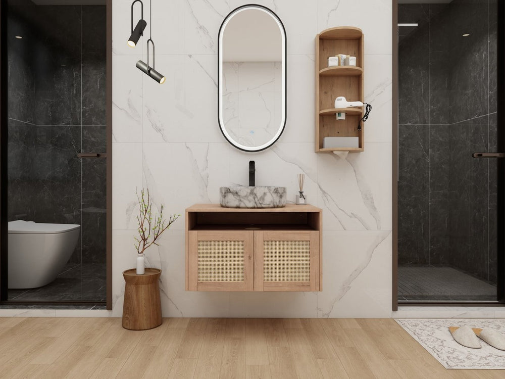 English Elm 30" Floating Bathroom Vanity Oak Finish Ceramic Vessel Sink Soft Close Plywood Cabinet W999S00503