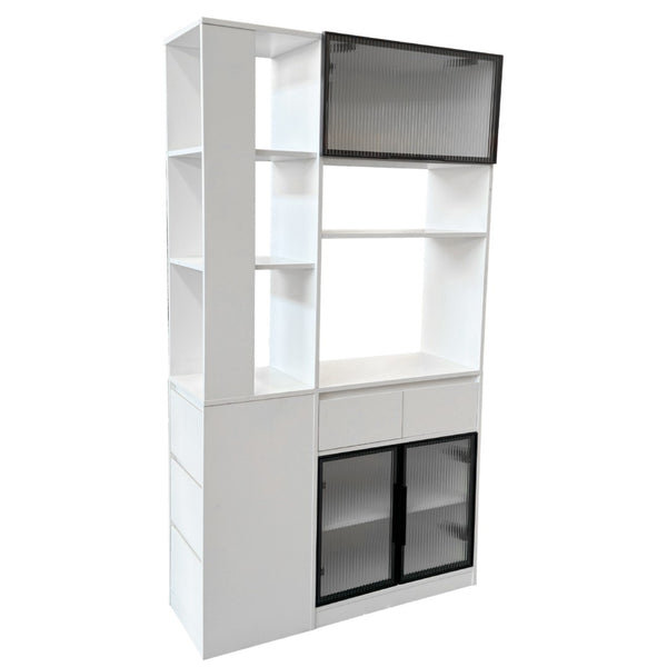English Elm 70.87"h Tall Storage Cabinet Glass Panel Doors Asymmetric Drawers Modern Hallway Organizer W331S00204