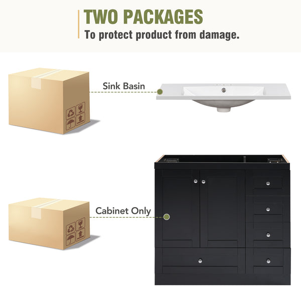 English Elm 36 Inch Shaker Style Free-Standing Bathroom Vanity Cabinet with Resin Sink, Soft-Close Storage Elegance Black SV000021AAB