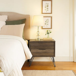 English Elm Contemporary Solid Wood Two Drawer Nightstand with Hairpin Legs for Modern Bedrooms B056P412644