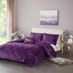 JLA Home Intelligent Design - Velvet Crushed Comforter Set with Quilted Diamond Top, Hypoallergenic Plush Warmth and Luxe Sheen Purple ID10-1978