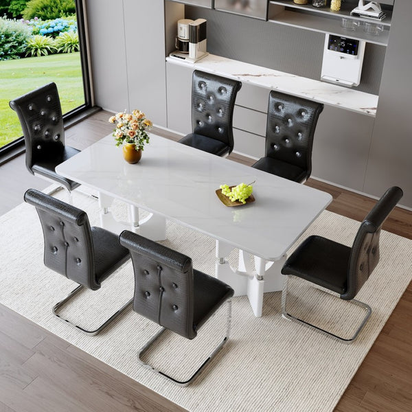 English Elm Modern White Faux Marble 7 Piece Dining Set Tufted Pvc Chairs for Kitchen Black,White W3875S00082