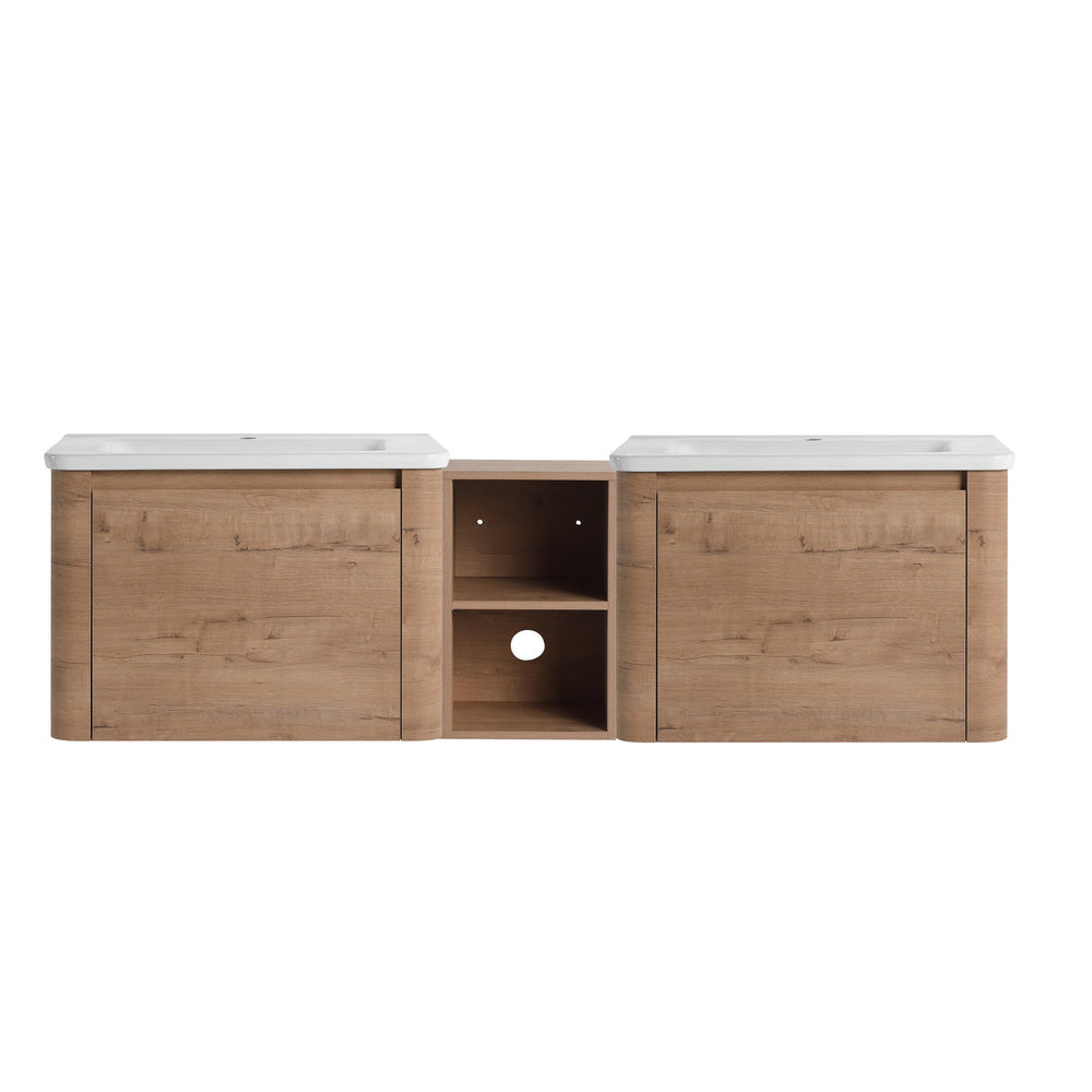 English Elm 68'' Wall-Mounted Bathroom Vanity with White Ceramic Sink, Plywood Shelves, Soft-Close Door Elegance W999S00382