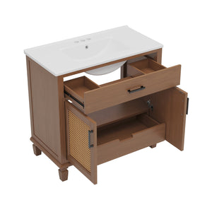 English Elm Christopher Knight Home® - 36" Rattan Bathroom Vanity with Ceramic Sink and Soft-Close Drawers, Handwoven Door Texture, Solid Wood Legs, Spacious Storage Elegance Brown N817P271077B