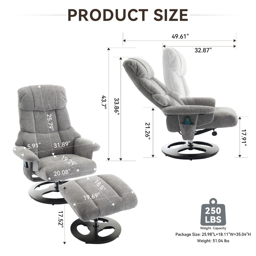 English Elm 069dr-ergonomic Swivel Recliner with Massage Heating Chenille Wingback Lounge Chair Grey W527S00010