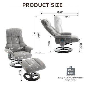 English Elm 069dr-ergonomic Swivel Recliner with Massage Heating Chenille Wingback Lounge Chair Grey W527S00010
