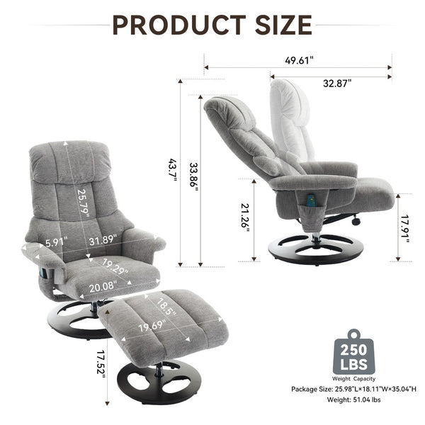 English Elm 069dr-ergonomic Swivel Recliner with Massage Heating Chenille Wingback Lounge Chair Grey W527S00010