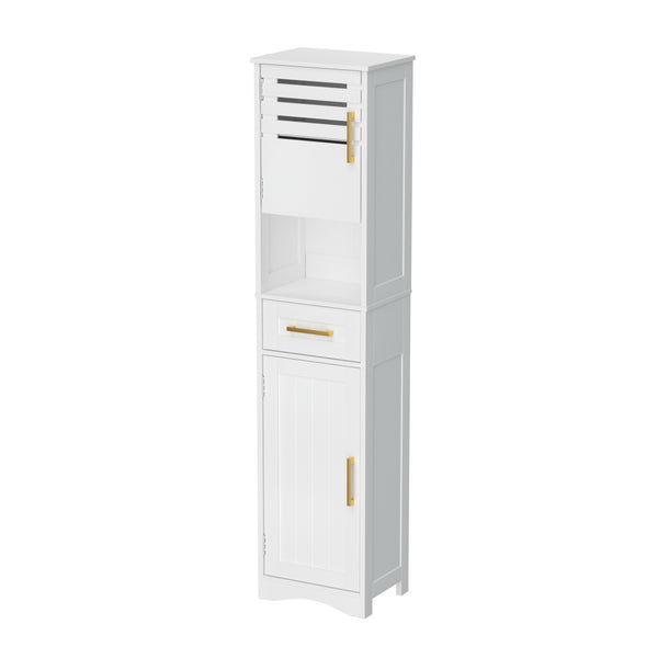 English Elm Tall Bathroom Floor Storage Cabinet – Narrow 5-Shelf Slim Freestanding MDF Organizer with Drawer, Anti-Tip, 15x12x67" T3210P293446