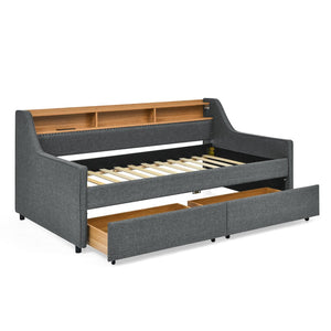 English Elm Twin Size Upholstery Sofa Bed With Led Lights & Storage Drawers, Wireless Charging, Grey Linen Design W1413S00055-GIGA