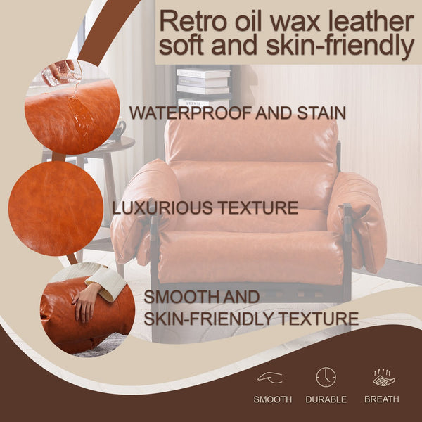 English Elm Medieval premium lounge chair with oil-waxed leather, removable cushion, mortise & tenon frame stability Retro Orange W2989P328541