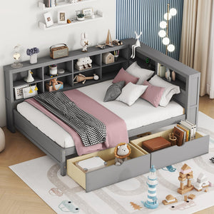 English Elm Wooden Full Size Daybed With 2 Drawers, Daybed With Storage Shelf and Usb Charging Ports,Grey