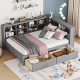 Wooden Full Size Daybed With 2 Drawers, Daybed With Storage Shelf and Usb Charging Ports,Grey