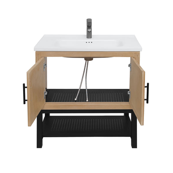 English Elm 32" Modern Bathroom Vanity with White Ceramic Seamless Sink, Textured Aluminum Faucet, Durable Hinges and Open Iron Shelf for Stylish Storage Natural W688P224389