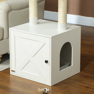English Elm White Mdf Cat Tree with Hidden Litter Box Cabinet Sisal Posts and Plush Perch T3971P404464