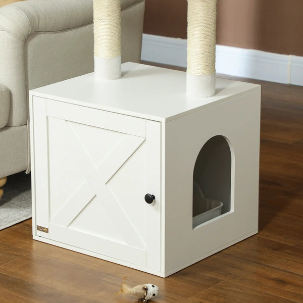 English Elm White Mdf Cat Tree with Hidden Litter Box Cabinet Sisal Posts and Plush Perch T3971P404464