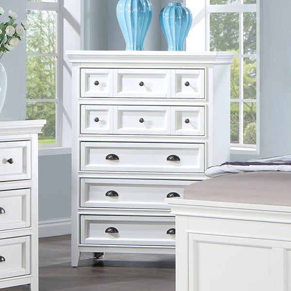 English Elm Transitional Solid Wood Chest with Five Smooth Glide Drawers, Felt-Lined Top, Timeless Design White 39 L x 21 W x 56 H B2741P369372