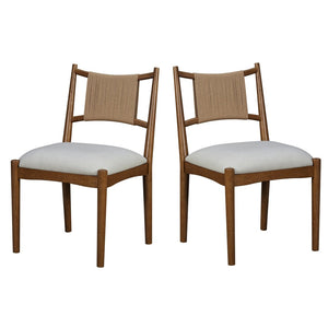 English Elm Upholstered Linen Dining Chairs Set of 2 Rubberwood Mid-century Woven Paper Rope Back Beige,Brown N776P385751D