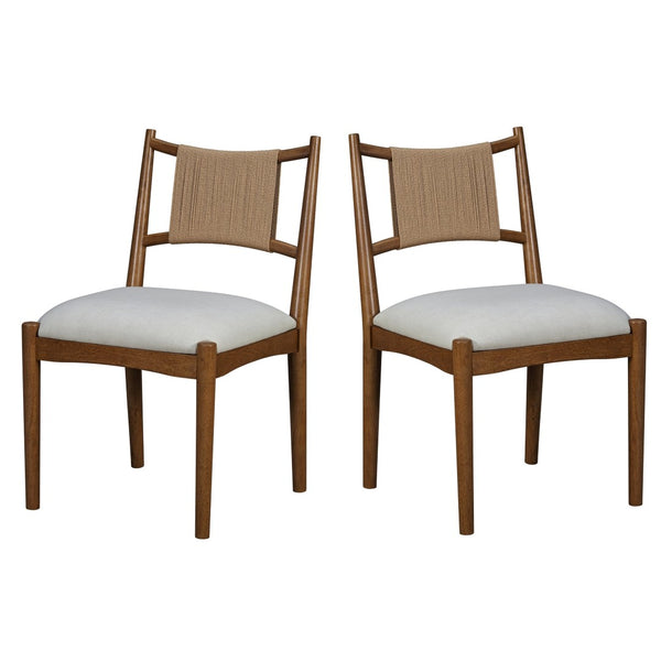 English Elm Upholstered Linen Dining Chairs Set of 2 Rubberwood Mid-century Woven Paper Rope Back Beige,Brown N776P385751D