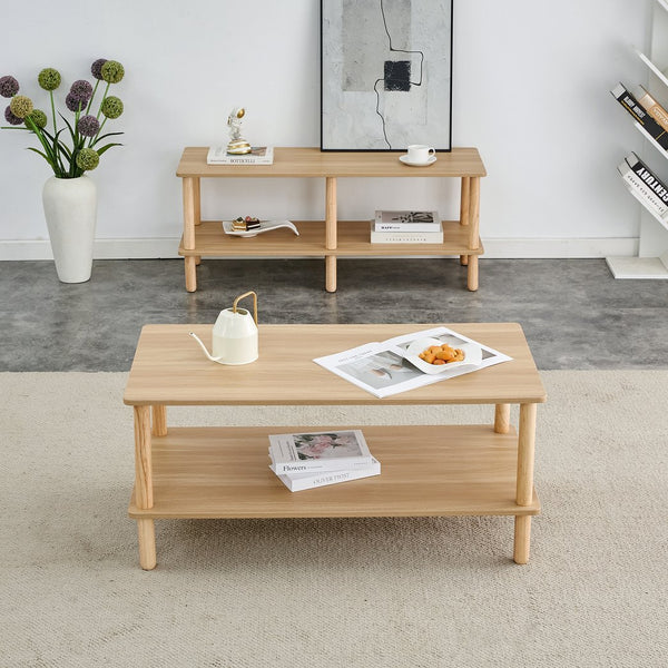 English Elm Modern 2-Tier Coffee Table with Open Shelf, Solid Wood + MDF, Rounded Legs, Durable Farmhouse Style Burly Wood W3226P279107