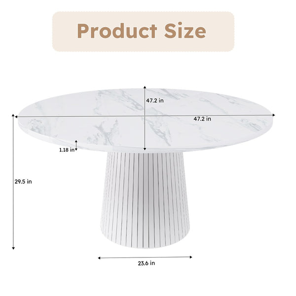English Elm 47 Inch Round Marble Veneer Mdf Dining Table Seats Four with Slim Wood Strip Base White W2700P404636
