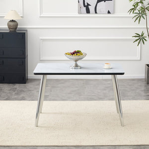 English Elm Modern Marble Look Glass Top Dining Table Slim Silver Legs Seats Six Minimalist W1151S04620