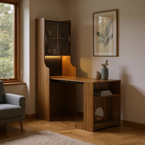 English Elm Modern Wooden Foldable Desk with Hutch Walnut Mid-Century Extendable Workstation LED Shelves Cat Bed N843MP001W