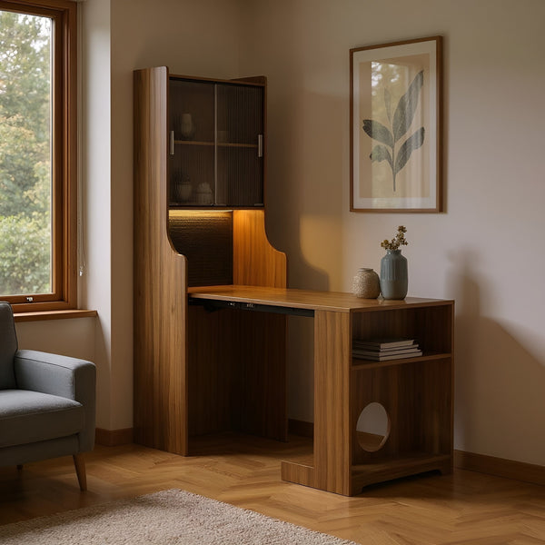 English Elm Modern Wooden Foldable Desk with Hutch Walnut Mid-Century Extendable Workstation LED Shelves Cat Bed N843MP001W