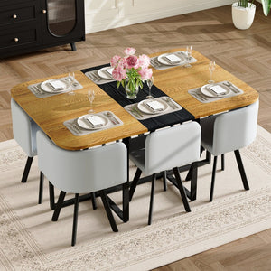 English Elm 7-piece Modern Dining Set Seats Six with Two-tone Wood Table and Gray Pu Chairs W3875S00126