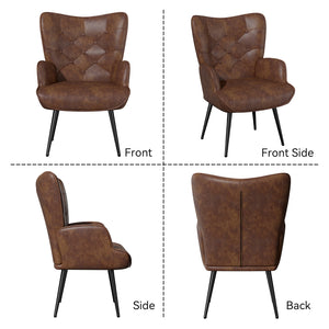 English Elm Elegant Upholstered Chair Ergonomic Wing-Back Armchair with PU Leather, Metal Legs, 150kg Capacity Brown T3950P394352
