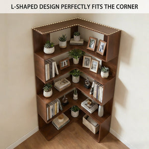 English Elm 6 Tier Corner Bookcase Tall L Shaped Walnut Mdf Open Shelving Unit for Home Office W3204P442028