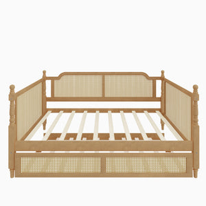 Traditional Woven Rattan Full Daybed with Pull Out Trundle Antique Walnut Pine Frame