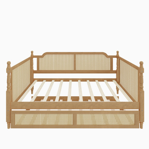 Traditional Woven Rattan Full Daybed with Pull Out Trundle Antique Walnut Pine Frame