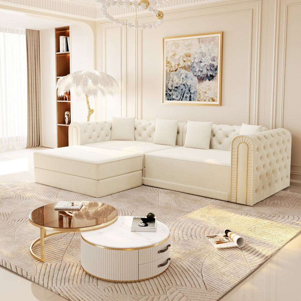 English Elm 90.2" Plush Teddy Fabric Convertible Sleeper Sofa with Hidden Storage for Living Room Beige+White W1885S00241