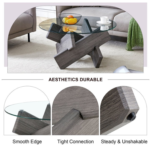 English Elm Round Tempered Glass Coffee Table with Sculptural Mdf Base for Modern Living Rooms Gray W1151P180317