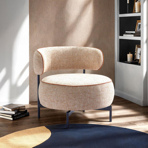 English Elm Light swivel chair in light brown fabric with white welt, curved backrest, metal legs, 360° swivel, 31.5"W B2741P390564