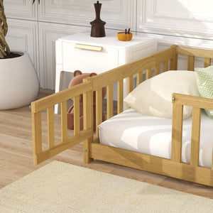 English Elm Twin Solid Rubberwood Floor Bed with Full Perimeter Safety Rails for Toddler Rooms Natural W504P296778