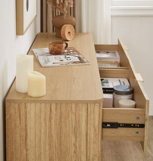 English Elm 6 Drawers Dresser Stylish 55" Wide Curved Wave Chest with Ample Storage, Sturdy Top for TV Use Oak W1820P324617