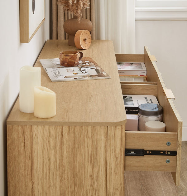 English Elm 6 Drawers Dresser Stylish 55" Wide Curved Wave Chest with Ample Storage, Sturdy Top for TV Use Oak W1820P324617