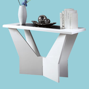 English Elm White glossy end table with geometric base and black tempered glass insert for modern statement decor White 53 L x 34 W x 6 H B2741P362598