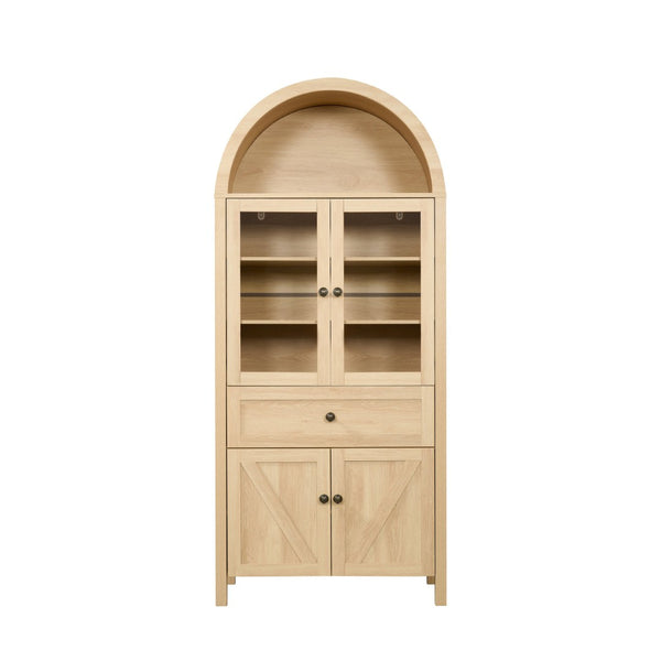 English Elm Dome Arched Cabinet with Vintage Circular Hardware and Multi-tier Shelving for Living Room W1785P332536