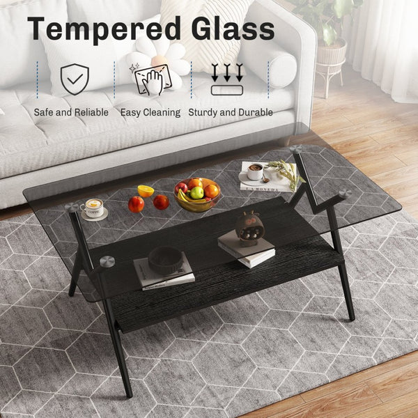 English Elm Rectangle Coffee Table With Elegant Tempered Glass Top & Black Mdf Shelf For Modern Living Room Décor W241142567-GIGA