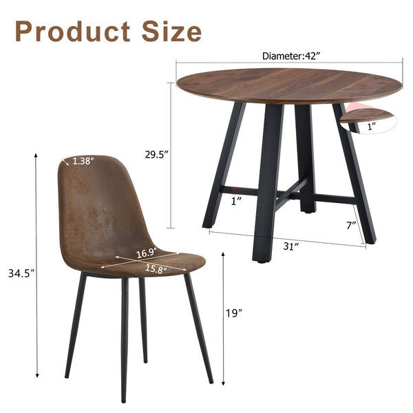 English Elm Table 5-Piece Modern Minimalist Dining Set With 42-Inch Round Walnut Top & Brown Techno-Fabric Chairs W1151S04090-GIGA