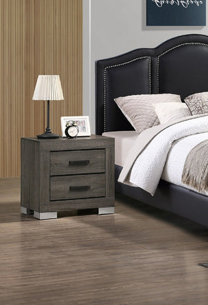 English Elm 2 Drawers Wood Nightstand With Black Handles In Foil Grey