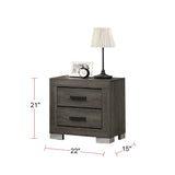 English Elm 2 Drawers Wood Nightstand With Black Handles In Foil Grey