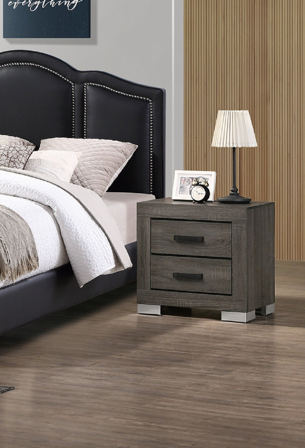English Elm 2 Solid Wood Nightstand Foil Grey With Black Bar Handles, 2-Drawer Storage, Sleek Bedroom Accent Piece SR015491