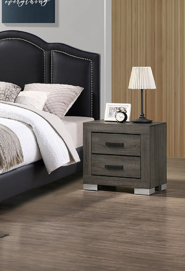 English Elm 2 Solid Wood Nightstand Foil Grey With Black Bar Handles, 2-Drawer Storage, Sleek Bedroom Accent Piece SR015491