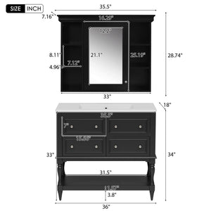 English Elm 36'' Modern Bathroom Vanity with Ceramic Sink and Medicine Cabinet, Solid Wood Frame, 4 Drawers, Waterproof Finish Black SW000138AAB-1