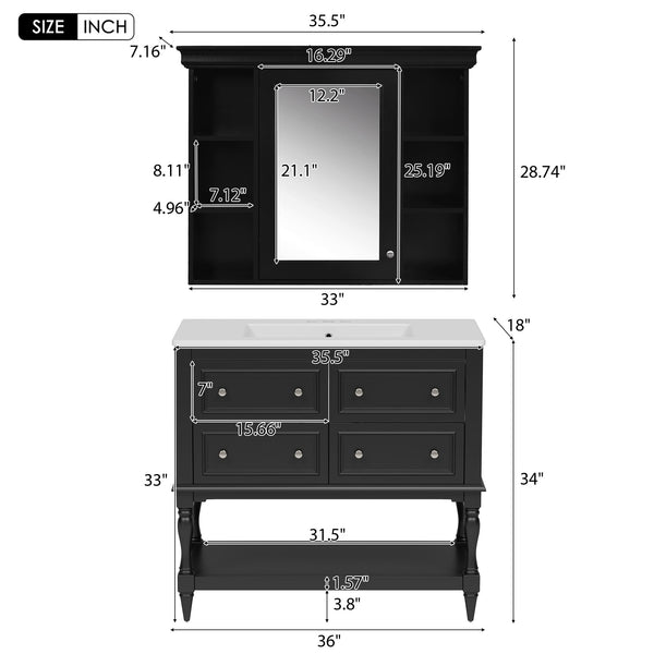 English Elm 36'' Modern Bathroom Vanity with Ceramic Sink and Medicine Cabinet, Solid Wood Frame, 4 Drawers, Waterproof Finish Black SW000138AAB-1