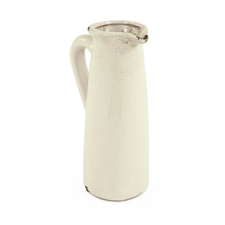 Zentique Distressed Crackle White Pitcher — Vintage farmhouse ceramic vase with hand-finished crackle glaze charm for rustic décor and dried florals W4.5 x H11.75 x D6.5 015658 A369