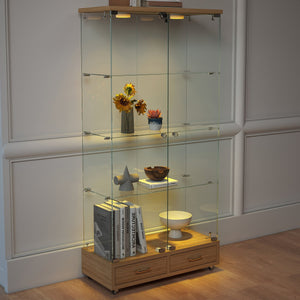 English Elm Modern Glass Display Cabinet With Led Lighting, 2 Drawers & 4 Shelves For Stylish Storage Solutions W241S00060